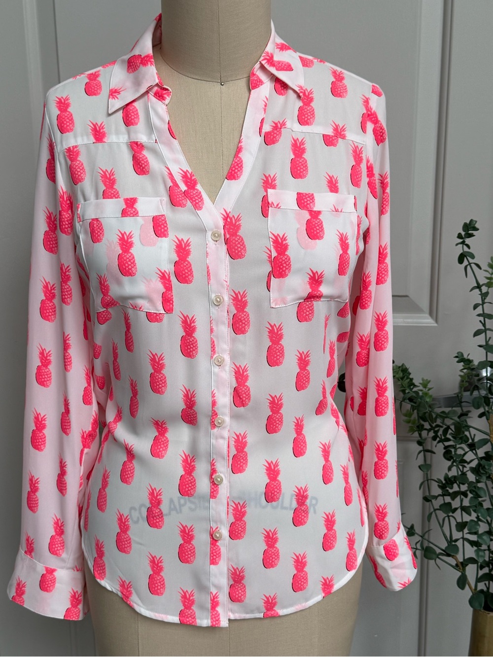 Express White Button-Down Shirt with Hot Pink Pineapple Print